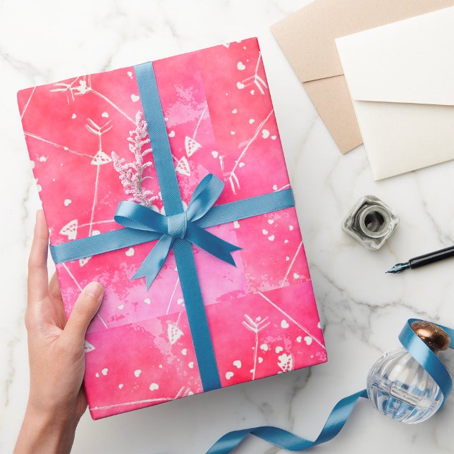 Romantic Watercolor Pink Hearts & Arrows Pattern  Wrapping Paper (Creator Uploaded)