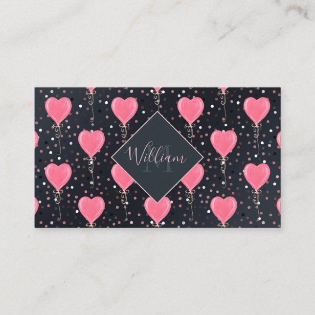 Romantic Watercolor Pink Hearts Balloons Confetti Business Card (Front)