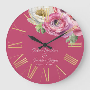 Romantic Watercolor Pink Ranunculus on Blush Large Clock