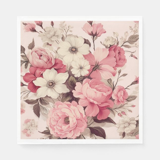 Romantic Watercolor Pink Roses & Apple Blossoms Napkin (Front)