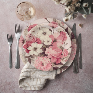 Romantic Watercolor Pink Roses & Apple Blossoms Paper Plate