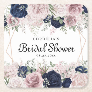 Romantic Watercolor Pink Roses Bridal Shower Favou Square Paper Coaster