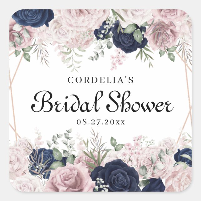 Romantic Watercolor Pink Roses Bridal Shower Favou Square Sticker (Front)