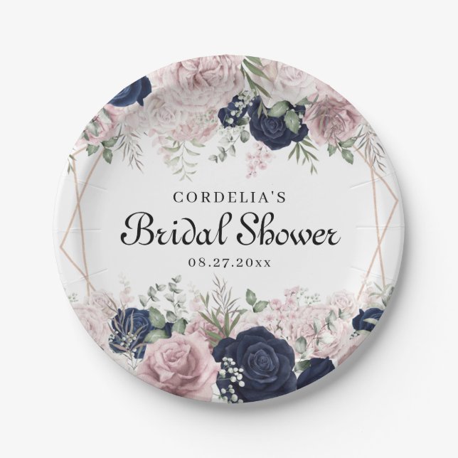 Romantic Watercolor Pink Roses Bridal Shower Paper Plate (Front)