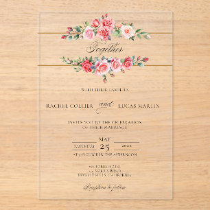 Romantic Watercolor Pink Roses & Calligraphy Acrylic Invitations