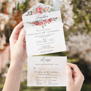 Romantic Watercolor Pink Roses & Calligraphy All In One Invitation