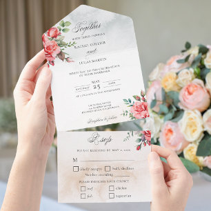 Romantic Watercolor Pink Roses & Calligraphy All In One Invitation