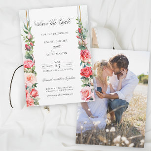 Romantic Watercolor Pink Roses & Calligraphy Save The Date