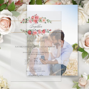 Romantic Watercolor Pink Roses & Calligraphy Vellum Invitations