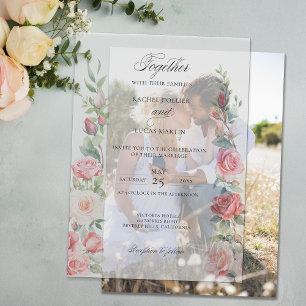 Romantic Watercolor Pink Roses & Calligraphy Vellum Invitations