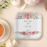 Romantic Watercolor Pink Roses Paper Plate<br><div class="desc">Lovely cluster of elegant watercolor blush pink roses and foliage on a subtle pastel watercolor background,  gold-bordered label and editable text fields.</div>