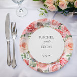 Romantic Watercolor Pink Roses Paper Plate<br><div class="desc">This beautiful design features a vibrant pink rose background pattern,  centre label with gold gradient border and editable text fields.</div>