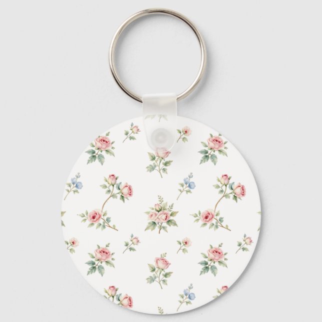 Romantic Watercolor Pink Roses Pattern Key Ring (Front)
