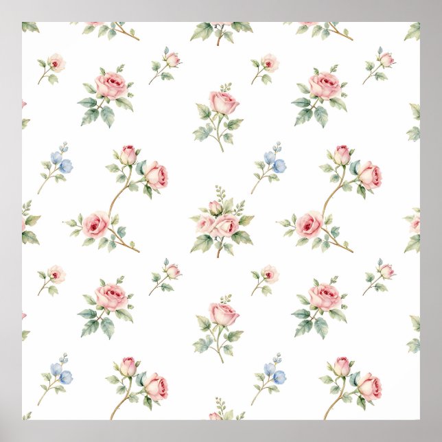 Romantic Watercolor Pink Roses Pattern Poster (Front)