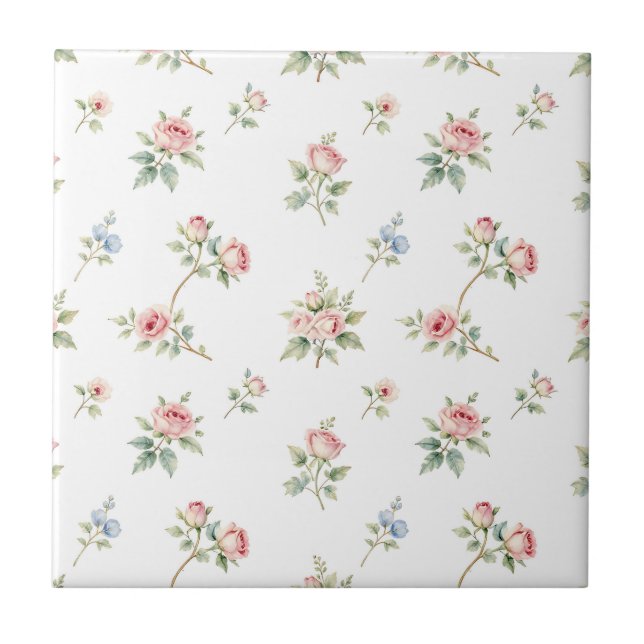 Romantic Watercolor Pink Roses Pattern Tile (Front)
