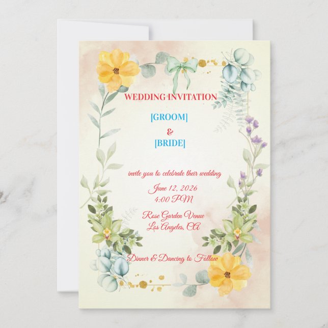 Romantic Watercolor Pink & Yellow Flower Wedding  Invitation (Front)