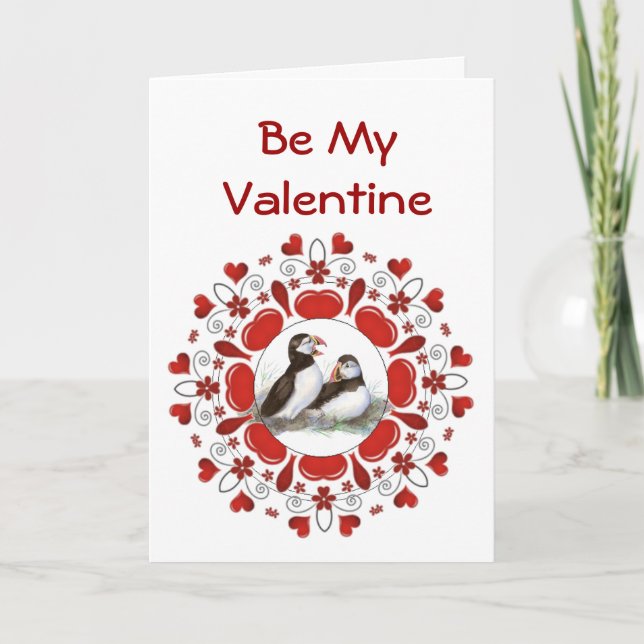 Romantic  Watercolor  Puffin Bird  Valentine Holiday Card (Front)