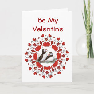Romantic Watercolor Puffin Bird Valentine Holiday Card