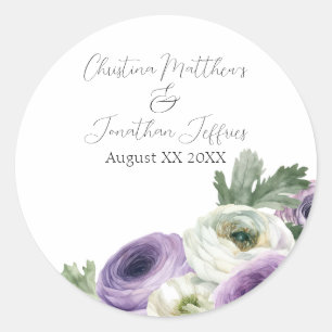 Romantic Watercolor Purple & White Ranunculus Classic Round Sticker