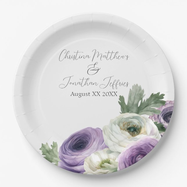 Romantic Watercolor Purple & White Ranunculus Paper Plate (Front)