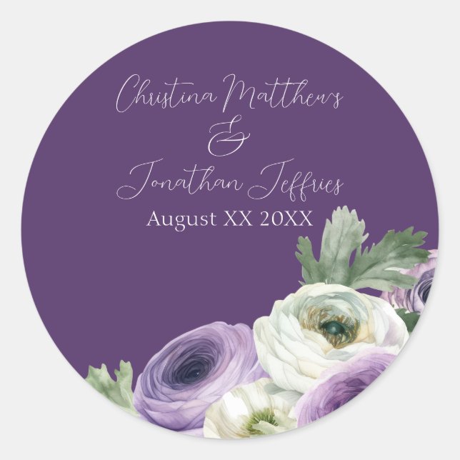 Romantic Watercolor Ranunculus on Dark Purple Classic Round Sticker (Front)