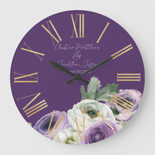 Romantic Watercolor Ranunculus on Dark Purple Large Clock (Front)
