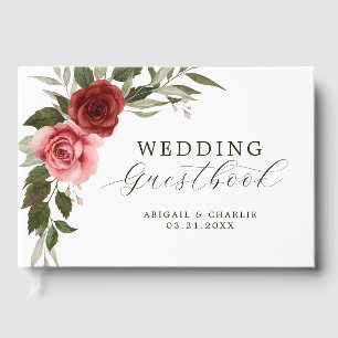 Romantic Watercolor Red and Sage Floral Wedding Guest Book