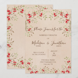 Romantic Watercolor Red Berries Script Wedding Invitation