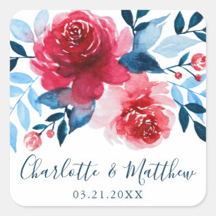 Romantic Watercolor Red Blue Floral Wedding Square Sticker