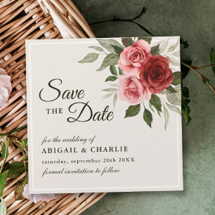 Romantic Watercolor Red Pink Roses Elegant Wedding Save The Date