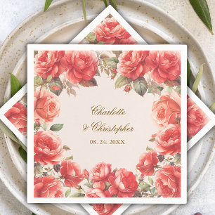 Romantic Watercolor Red Roses Floral Wedding Napkin