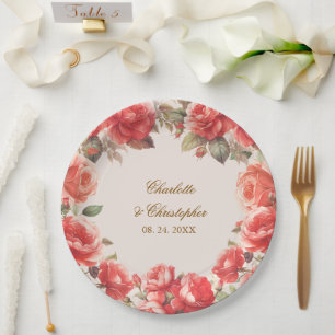 Romantic Watercolor Red Roses Floral Wedding Paper Plate