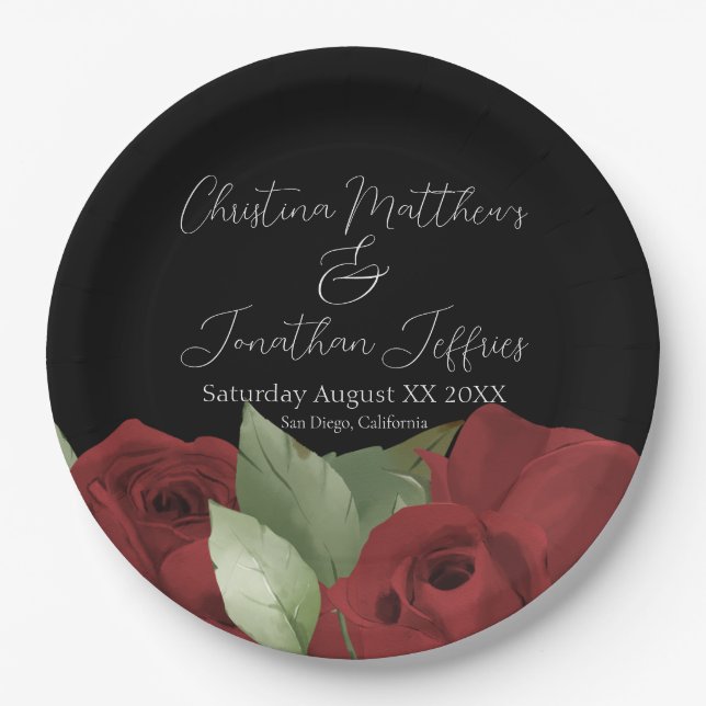 Romantic Watercolor Red Roses on Black Paper Plate (Front)