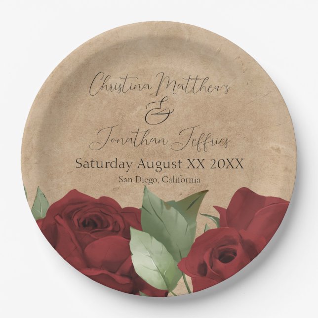 Romantic Watercolor Red Roses on Rustic Parchment Paper Plate (Front)