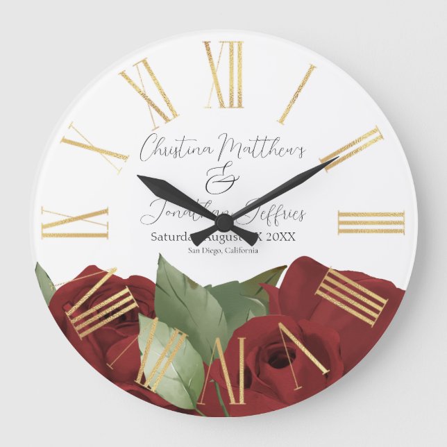 Romantic Watercolor Red Roses on White Large Clock (Front)