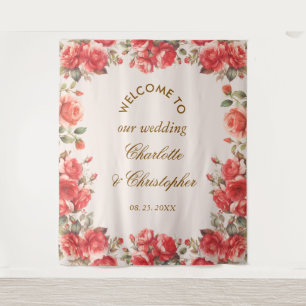 Romantic Watercolor Red Roses Wedding Welcome  Tapestry