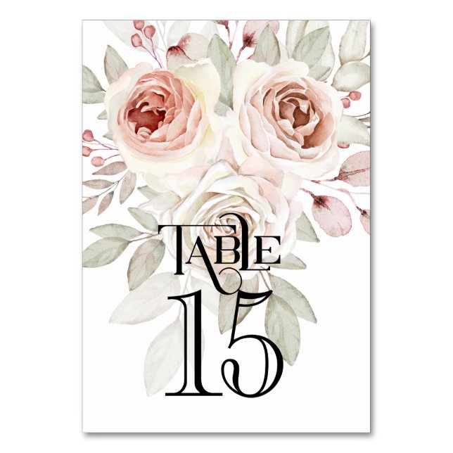 Romantic Watercolor Rose Wedding Reception Table Number (Front)