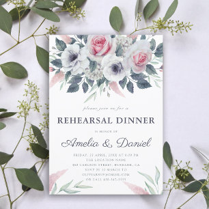 Romantic Watercolor Roses Blue Rehearsal Dinner  Invitation