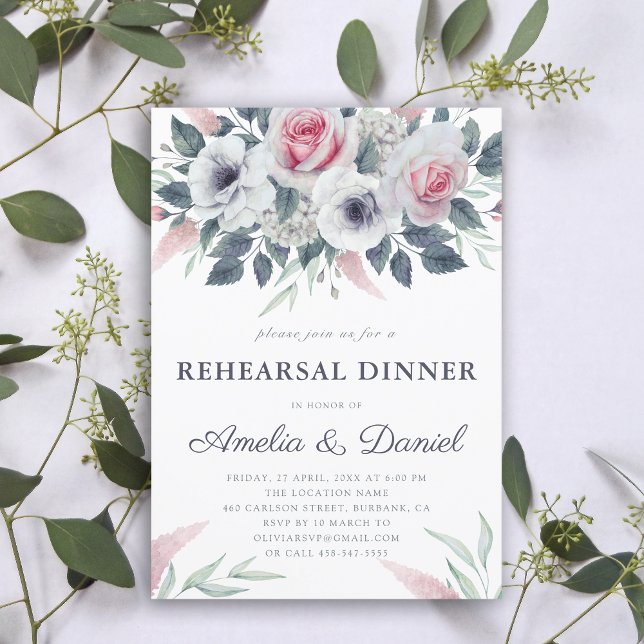 Romantic Watercolor Roses Blue Rehearsal Dinner  Invitation (Creator Uploaded)