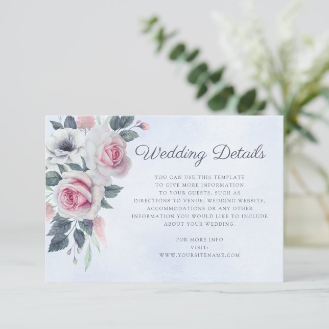 Romantic Watercolor Roses Blue Wedding Details  Enclosure Card (Standing Front)