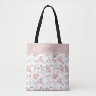 Romantic Watercolor Roses Blush Pink Monogram Tote Bag