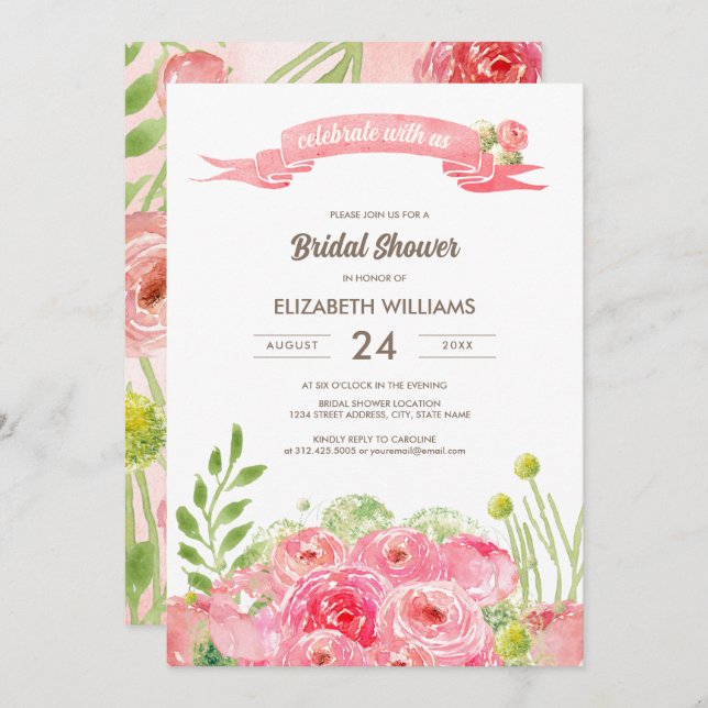 Romantic Watercolor Roses Bridal Shower Invitation (Front/Back)