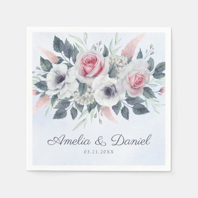 Romantic Watercolor Roses Floral Blue Wedding  Napkin (Front)