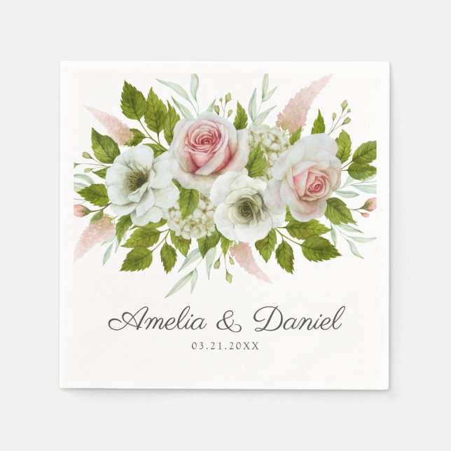 Romantic Watercolor Roses Floral Wedding Napkins (Front)