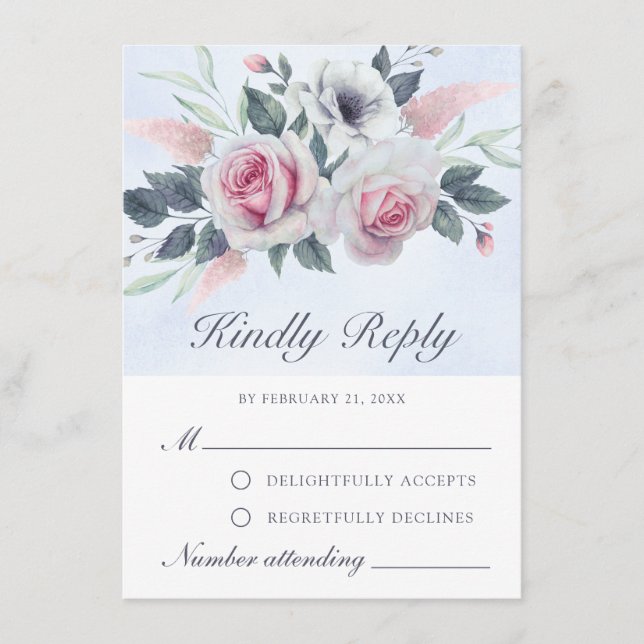Romantic Watercolor Roses Light Blue RSVP Card (Front)