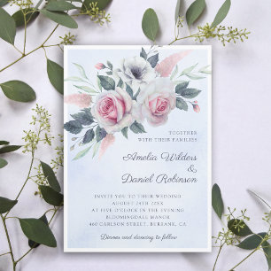 Romantic Watercolor Roses Light Blue Wedding Invitation