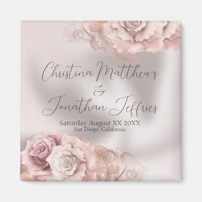 Romantic Watercolor Roses on Glam Pearl Wedding Magnet (Front)