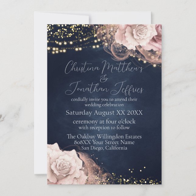 Romantic Watercolor Roses on Moody Blue Invitation (Front)
