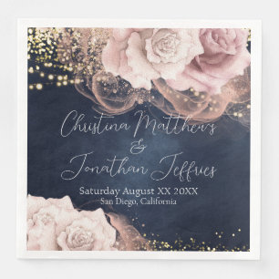 Romantic Watercolor Roses on Moody Blue Wedding Napkin
