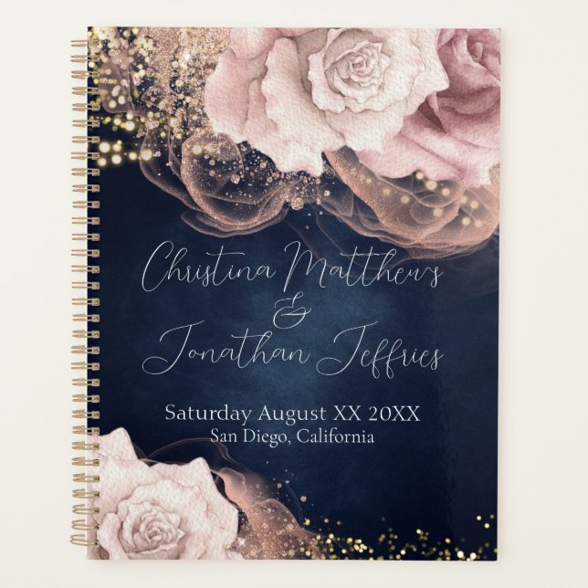 Romantic Watercolor Roses on Moody Blue Wedding Planner (Front)